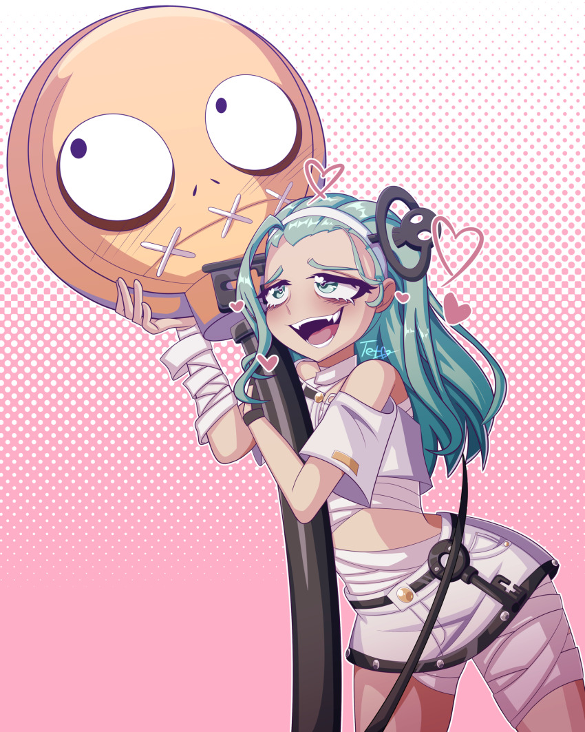1girl a.b.a aqua_hair bags_under_eyes bandages commentary cowboy_shot english_commentary fangs green_eyes guilty_gear guilty_gear_strive heart highres key key_in_head medium_hair midriff object_through_head open_mouth paracelsus_(guilty_gear) pink_background shirt shorts solo standing tetty-arts white_shirt white_shorts