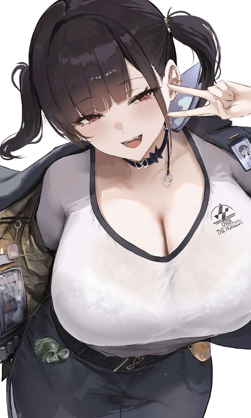 1girl absurdres belt black_belt black_choker black_hair black_jacket black_skirt blush bra_visible_through_clothes breasts choker cleavage commentary ear_ornament goddess_of_victory:_nikke hair_intakes highres huge_breasts jacket liaowen long_hair looking_at_viewer miniskirt mole mole_under_eye open_clothes open_jacket open_mouth opened_by_self pantyhose pencil_skirt red_eyes shirt simple_background skirt smile solo sora_(nikke) twintails v white_background white_shirt