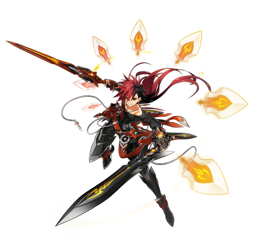 1boy armor asymmetrical_bangs belt black_boots black_gloves black_hair black_pants black_shirt boots collarbone dual_wielding earrings elsword elsword_(character) faulds fighting_stance floating floating_clothes floating_hair floating_object floating_sword floating_weapon full_body game_cg gloves grin hair_between_eyes highres holding holding_sword holding_weapon huge_weapon hwansang jewelry knee_pads long_sleeves looking_at_viewer male_focus multicolored_hair off-shoulder_shirt off_shoulder official_art orange_belt pants pectoral_cleavage pectorals red_eyes red_hair second-party_source shirt smile solo spiked_hair standing sword tachi-e transparent_background tsurime two-tone_hair v-shaped_eyebrows weapon