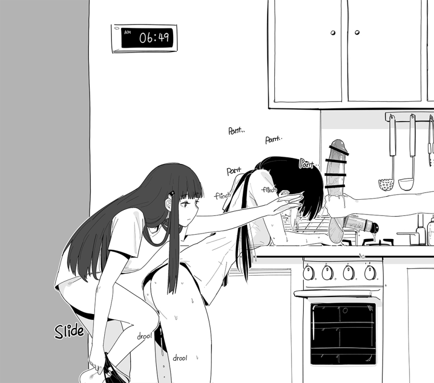3girls bar_censor bottomless cabinet censored dildo dishes double_dildo faucet girls&#039;_frontline giving greyscale holding huqu imminent_penetration indoors ladle long_hair low_twintails m4_sopmod_ii_(girls&#039;_frontline) m4a1_(girls&#039;_frontline) monochrome multicolored_hair multiple_girls oven pussy_juice ro635_(girls&#039;_frontline) sex_toy shirt short_sleeves sink streaked_hair timestamp twintails undressing yuri