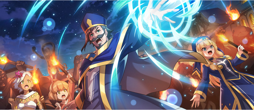 1boy 3girls :d beard black_hair blonde_hair blue_dress blue_eyes blue_hat blue_robe blue_veil blunt_bangs brown_hair building cassock casting_spell cecily_(konosuba) cloud cloudy_sky crowd dress facial_hair flower from_below game_cg gold_trim green_eyes hair_flower hair_ornament hat highres holding holding_torch kono_subarashii_sekai_ni_shukufuku_wo! konosuba!_fantastic_days long_dress long_hair long_sleeves low-tied_sidelocks mitre multiple_girls mustache night night_sky official_art open_mouth outstretched_arm pink_flower priest priestess red_flower robe shaded_face short_hair sidelocks sky smile torch v-shaped_eyebrows veil white_hair zesta_(konosuba)