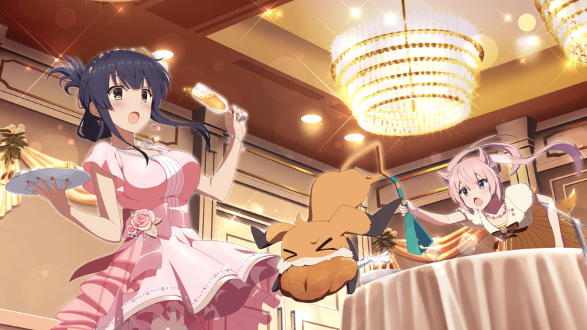 &gt;_&lt; 2girls :d bead_bracelet bead_necklace beads blush bracelet breasts brown_eyes champagne_flute chicken_(food) cup dress drink drinking_glass earrings folded_ponytail food frilled_dress frills game_cg hair_between_eyes hair_horns heart heart_earrings holding holding_cup holding_drink holding_plate indoors jewelry large_breasts long_hair mashiko_kaoru multiple_girls necklace nene_(toji_no_miko) non-web_source official_art open_mouth pink_dress pink_hair plate purple_eyes purple_hair short_sleeves sidelocks skirt slice_of_life smile standing toji_no_miko toji_no_miko:_kizamishi_issen_no_tomoshibi v-shaped_eyebrows yanase_mai yellow_skirt