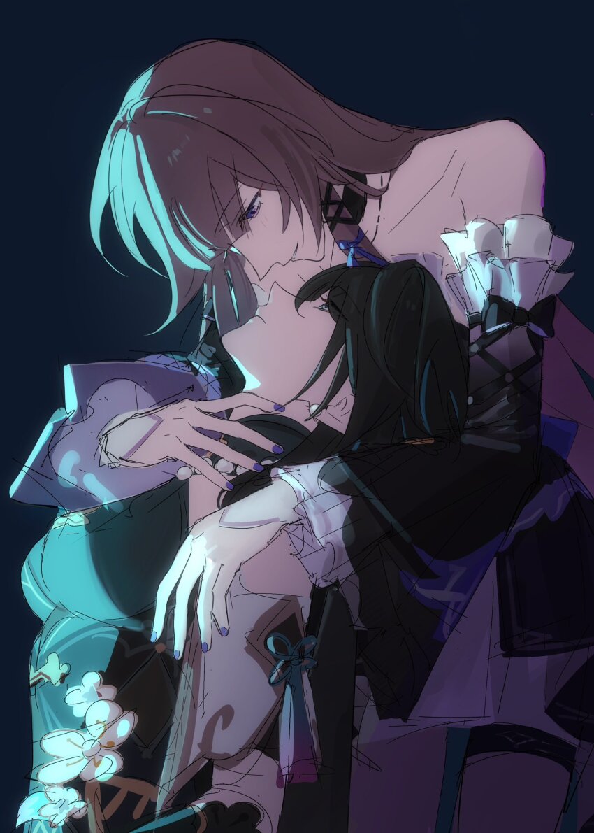 2girls bare_shoulders black_background black_hair blue_dress blue_hair blush brown_hair dress herta_(honkai:_star_rail) highres honkai:_star_rail honkai_(series) long_hair looking_at_another mii_(mii_10297) multicolored_hair multiple_girls parted_lips purple_eyes purple_nails ruan_mei_(honkai:_star_rail) simple_background smile streaked_hair the_herta_(honkai:_star_rail) yuri