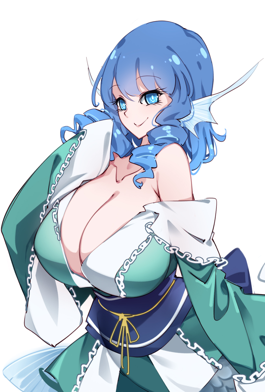 1girl blue_eyes blue_hair breasts cleavage drill_hair drill_sidelocks fins frilled_kimono frills green_kimono head_fins highres japanese_clothes kimono kneeless_mermaid large_breasts long_sleeves mermaid monster_girl raptor7 short_hair sidelocks simple_background solo touhou wakasagihime white_background