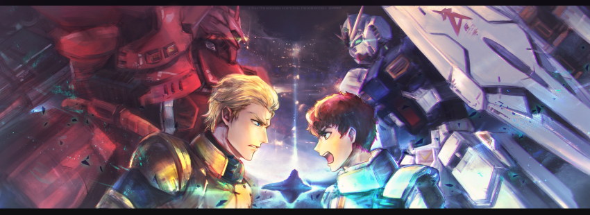 2boys absurdres amuro_ray anaheim_electronics angry artist_name axis_(gundam) blonde_hair blue_eyes brown_eyes brown_hair char&#039;s_counterattack char_aznable commentary dated_commentary debris faceoff glowing glowing_eyes green_eyes gundam highres letterboxed logo mecha mecha_pilot_suit mobile_suit_gundam mt0z multiple_boys normal_suit_(gundam) nu_gundam one-eyed pilot_suit robot sazabi shield short_hair v-fin watermark