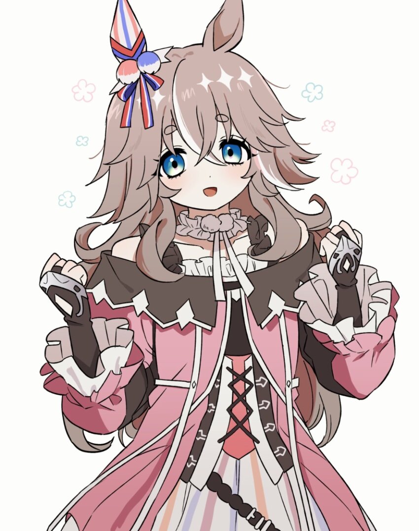 1girl animal_ears bare_shoulders blue_eyes blush bow breasts brown_gloves collarbone dress ear_bow ear_covers ear_ornament fingerless_gloves flower gloves grey_hair hair_between_eyes highres horse_ears horse_girl long_hair long_sleeves looking_at_viewer multicolored_hair off-shoulder_dress off_shoulder open_mouth pink_dress shiryoku_kensa simple_background single_ear_cover smile solo streaked_hair umamusume upper_body wonder_acute_(butterfly_sting)_(umamusume) wonder_acute_(umamusume)