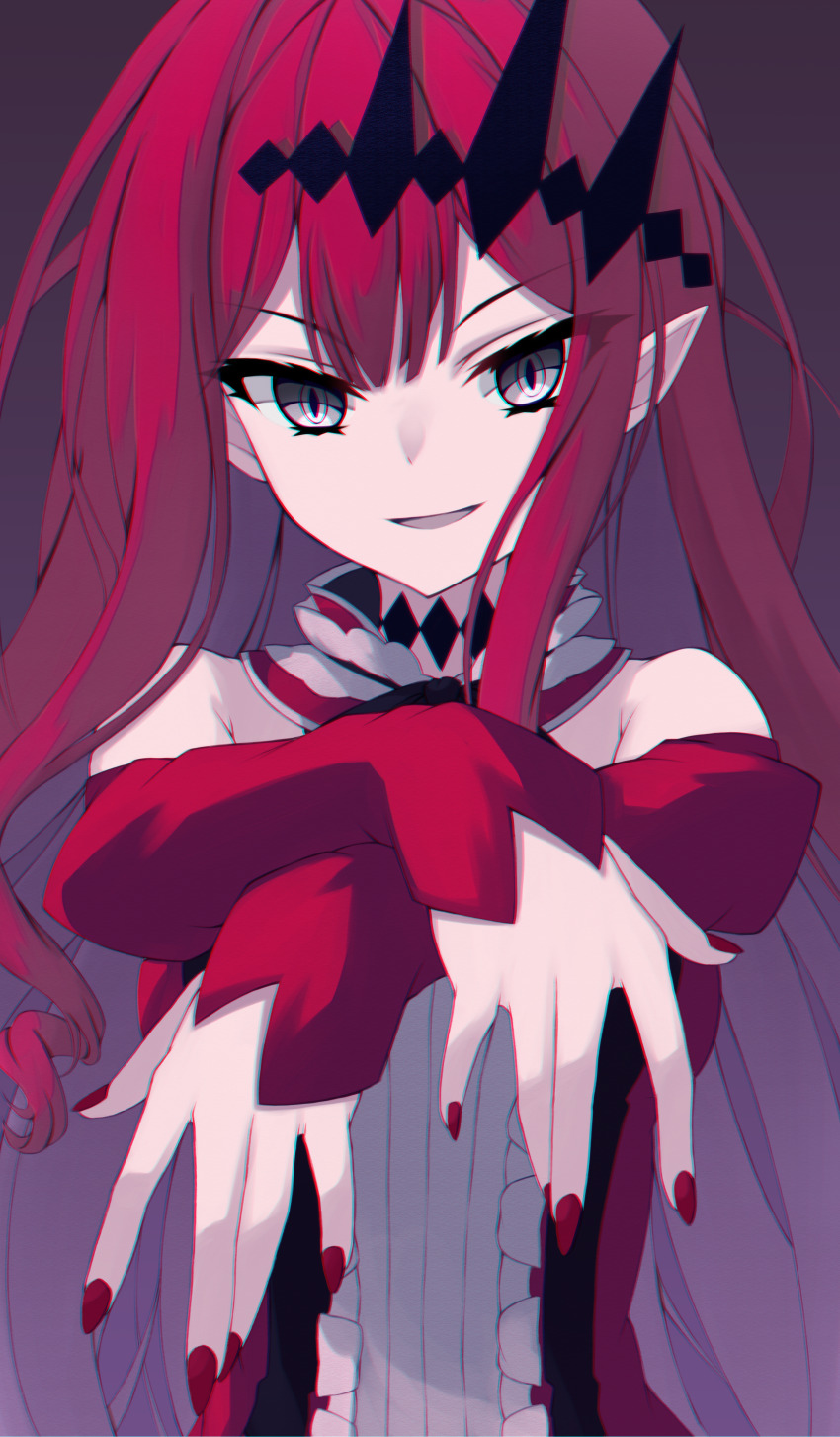 1girl absurdres ayanue baobhan_sith_(fate) baobhan_sith_(first_ascension)_(fate) bare_shoulders breasts detached_sleeves dress fate/grand_order fate_(series) frilled_dress frills grey_eyes hair_ornament highres long_hair looking_at_viewer outstretched_arms pink_hair pointy_ears red_dress red_nails sidelocks smile solo