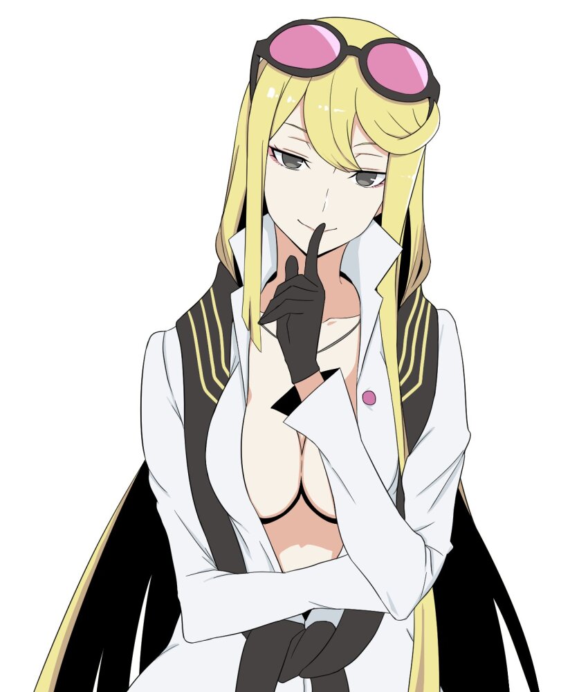 1girl ayu_(ddestiny944) black_eyes blonde_hair breasts cleavage digimon digimon_story:_cyber_sleuth eyewear_on_head highres kuremi_kyouko shirt simple_background solo sunglasses upper_body white_background white_shirt