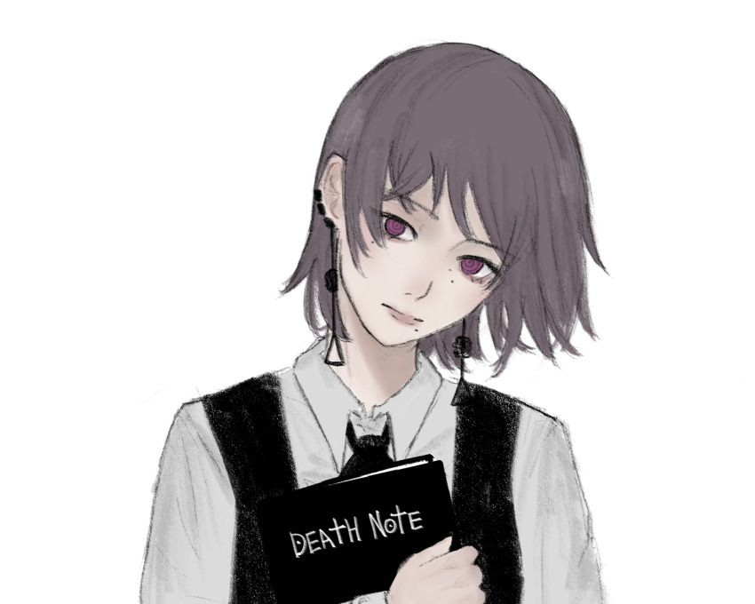 1girl black_dress book chainsaw_man closed_mouth collared_shirt death_note death_note_(object) dress earrings fami_(chainsaw_man) fourth_east_high_school_uniform grey_hair highres holding holding_book jewelry long_sleeves looking_at_viewer mole mole_under_eye mole_under_mouth multiple_moles pinafore_dress purple_eyes ringed_eyes schonv school_uniform shirt sleeveless sleeveless_dress solo white_shirt