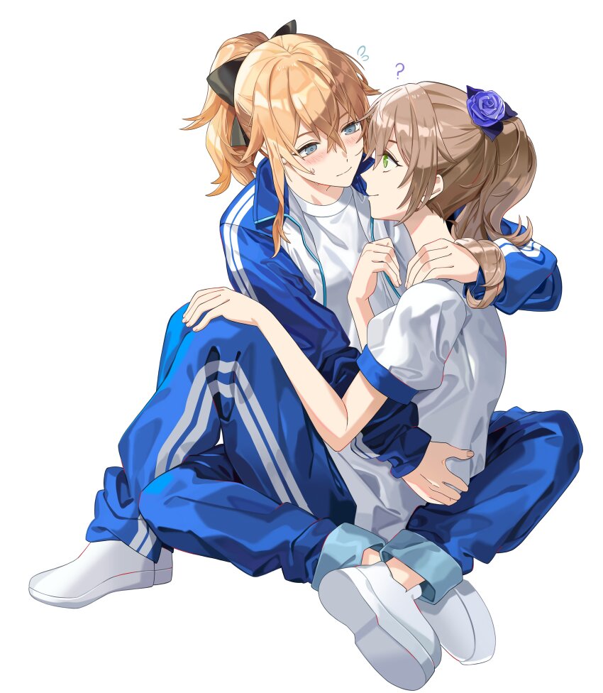 2girls ? absurdres between_legs blonde_hair blue_eyes blue_jacket blue_pants blush closed_mouth commentary flower flying_sweatdrops genshin_impact green_eyes hair_flower hair_ornament hand_on_another&#039;s_shoulder hand_on_another&#039;s_waist hashtag-only_commentary highres jacket jean_(genshin_impact) lisa_(genshin_impact) maka_(maka04021) multiple_girls pants ponytail purple_flower purple_rose rose shirt shoes short_sleeves simple_background smile sweatdrop track_jacket track_pants white_background white_shirt white_shoes yuri