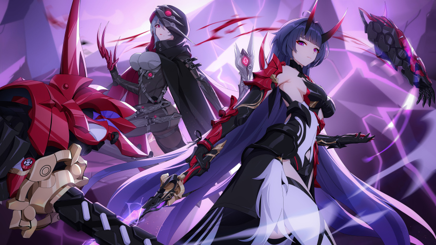2girls absurdres armor black_bodysuit black_cape black_hood bodysuit cape chinese_commentary clawed_gauntlets closed_mouth clothing_request commentary_request disembodied_hand grey_hair highres holding holding_sword holding_weapon honkai_(series) honkai_impact_3rd hood hooded_cape horns katana looking_at_viewer mole_beside_mouth multiple_girls navel purple_eyes purple_hair raiden_mei raiden_mei_(herrscher_of_thunder) raven_(honkai_impact) red_eyes red_horns red_pupils shirt shoulder_armor sword tactical_clothes weapon white_shirt wu_ganlan_cai