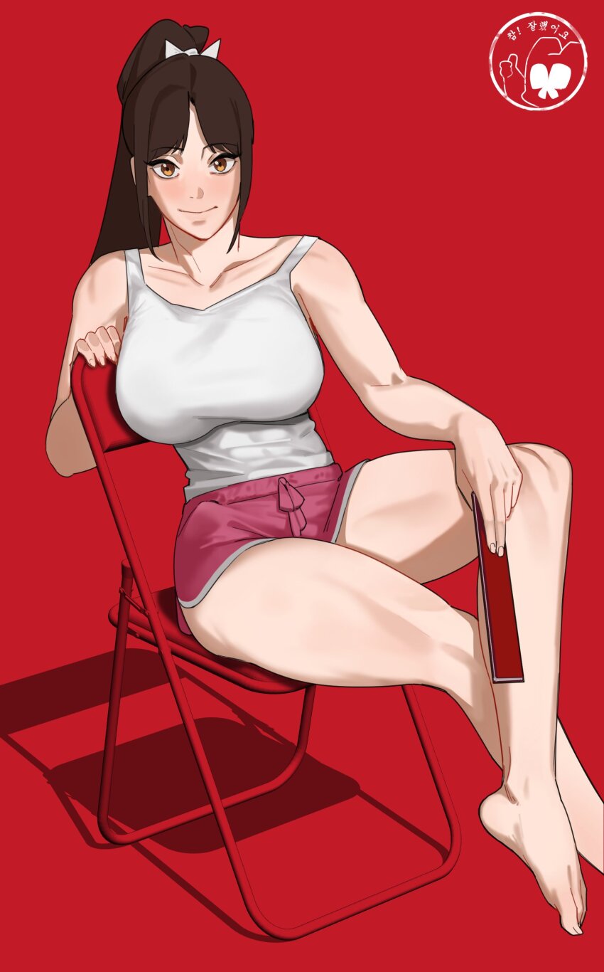 1girl absurdres blush breasts brown_eyes brown_hair chair cleavage crossed_legs dolphin_shorts fatal_fury folding_chair folding_fan hand_fan highres holding holding_fan hong_doo large_breasts long_hair on_chair pink_shorts ponytail relaxing shiranui_mai short_shorts shorts sitting smile solo street_fighter street_fighter_6 tank_top white_tank_top