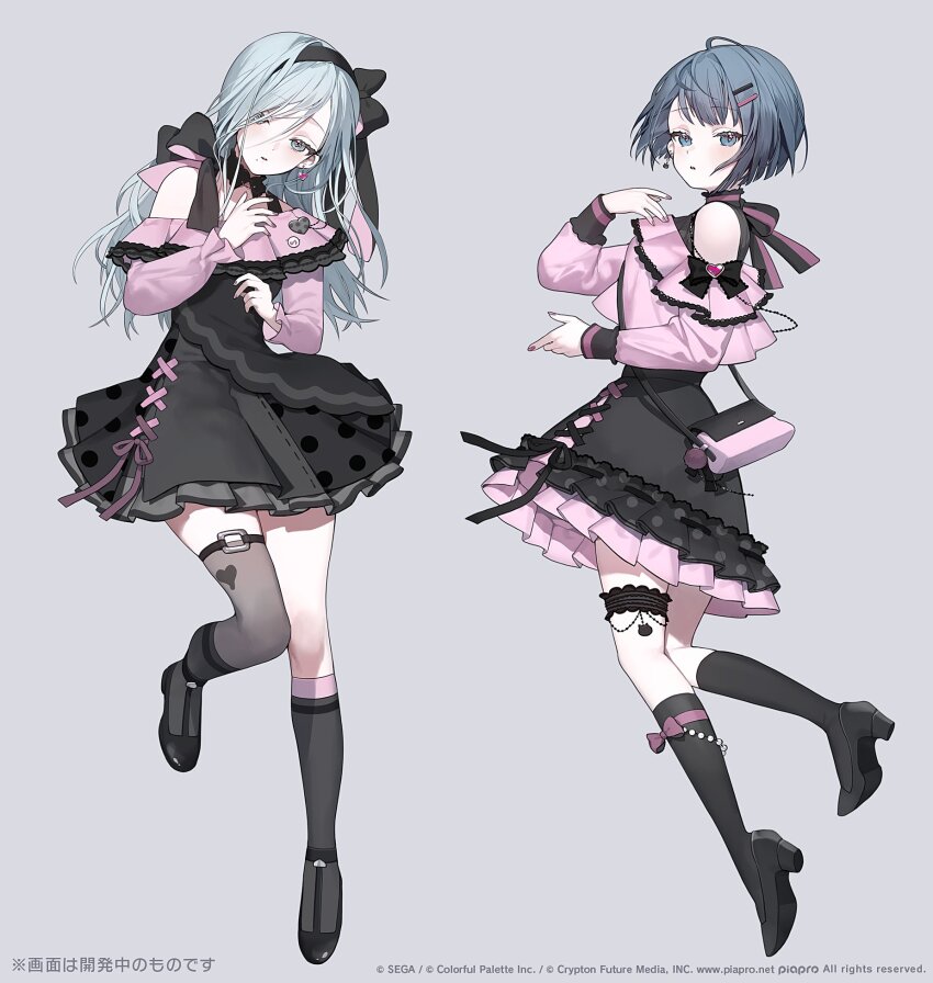 2girls ahoge asymmetrical_legwear bag bare_shoulders black_bow black_dress black_skirt black_socks black_trim blue_eyes blue_hair bow copyright_notice cross-laced_clothes cross-laced_skirt cross-laced_slit detached_collar dress earrings frilled_dress frilled_thigh_strap frills from_behind full_body grey_eyes grey_hair hair_bow hair_ornament hand_on_own_chest head_tilt heart heart_earrings highres hinomori_shizuku jewelry karo_(karohroka) kiritani_haruka knees_together_feet_apart long_hair looking_at_viewer mismatched_legwear multiple_girls nail_polish off-shoulder_shirt off_shoulder pale_skin parted_lips pink_bag pink_dress pink_nails pink_shirt pom_pom_(clothes) project_sekai shirt short_hair shoulder_bag skirt sleeve_bow sleeveless sleeveless_dress sleeveless_turtleneck socks standing standing_on_one_leg thigh_strap turtleneck turtleneck_dress watermark web_address