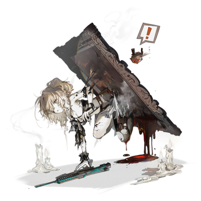 ! 1girl ahoge bird black_dress black_nails black_pantyhose black_tube_top blonde_hair blood blood_drip candle candlestand colored_skin cracked_skin cui_pi_zha_xia_qiu curly_hair dress european_robin fingernails girls&#039;_frontline grey_eyes gun hair_between_eyes halloween hat highres holding holding_magazine_(weapon) magazine_(weapon) medium_hair mini_hat mini_top_hat official_alternate_costume official_art orange_pupils painting_(object) pale_skin pantyhose parted_lips side_ponytail simple_background smoke solo spoken_exclamation_mark sterling_(girls&#039;_frontline) sterling_(perspective_(self-portrait))_(girls&#039;_frontline) sterling_smg strapless submachine_gun third-party_source top_hat torn_clothes torn_dress transparent_background tube_top weapon white_skin