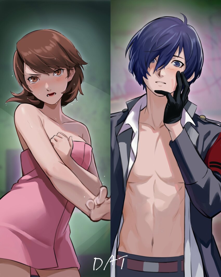 1boy 1girl absurdres accidental_pervert armband bare_arms bare_shoulders belt black_gloves black_jacket blue_eyes blue_hair blush breasts brown_belt brown_eyes brown_hair collarbone covering_breasts covering_privates cowboy_shot da-cart flipped_hair gloves hair_between_eyes hair_over_one_eye highres jacket medium_breasts medium_hair naked_jacket naked_towel open_clothes open_jacket persona persona_3 pink_lips red_armband s.e.e.s short_hair slap_mark standing takeba_yukari tears towel twitter_username upper_body water_drop yuuki_makoto_(persona_3)