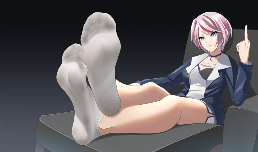 1girl absurdres arendelle blue_eyes feet highres light_smile middle_finger multicolored_hair parted_lips pink_hair short_hair socks soles streaked_hair toes white_socks