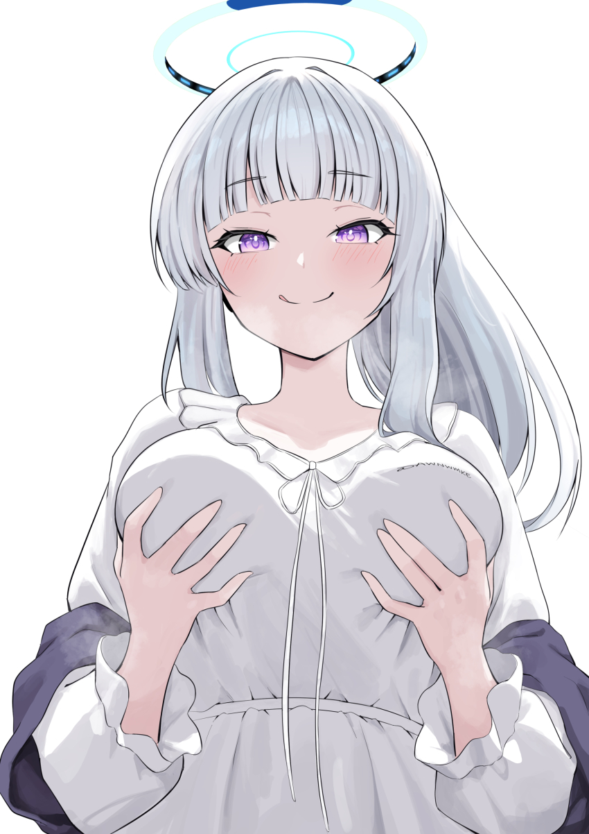1girl :q absurdres awnw blue_archive breasts closed_mouth commentary_request dress frilled_pajamas frills halo hands_on_own_chest highres long_hair long_sleeves looking_at_viewer mechanical_halo medium_breasts noa_(blue_archive) noa_(pajamas)_(blue_archive) official_alternate_costume pajamas ponytail purple_eyes simple_background solo tongue tongue_out white_background white_dress white_hair white_pajamas