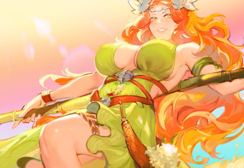 1girl armpits blush bracelet breasts cleavage dress final_fantasy final_fantasy_xiv from_below green_dress green_eyes highres holding holding_scythe jewelry large_breasts laurels lips long_hair looking_at_viewer looking_down nophica open_mouth orange_hair rene0elric scythe smile solo teeth underboob very_long_hair