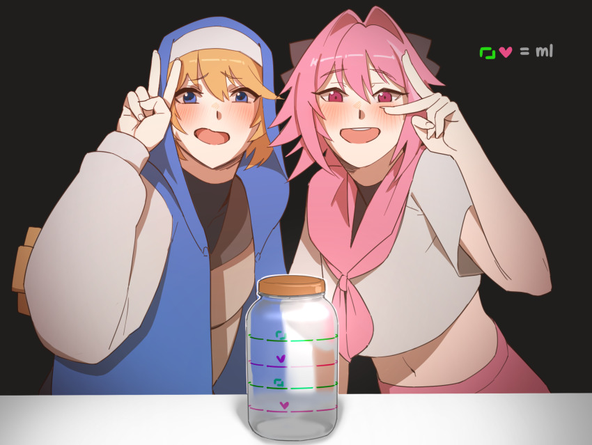2boys arrow_(symbol) astolfo_(fate) astolfo_(sailor_paladin)_(fate) black_background black_bow black_shirt blonde_hair blue_eyes blue_jacket blush bow braid braided_ponytail bridget_(guilty_gear) crop_top crossdressing crossover eyebrows fate_(series) guilty_gear hair_between_eyes hair_bow hair_intakes heart highres hong_doo jacket jar large_bow lid like_and_retweet long_hair long_sleeves looking_at_viewer male_focus midriff multicolored_jacket multiple_boys navel neckerchief open_mouth pink_eyes pink_hair pink_neckerchief pink_skirt ponytail sexually_suggestive shirt short_hair short_sleeves skirt smile standing straight-on table tareme teeth trait_connection twitter_strip_game_parody two-tone_jacket upper_body upper_teeth_only v white_jacket white_shirt