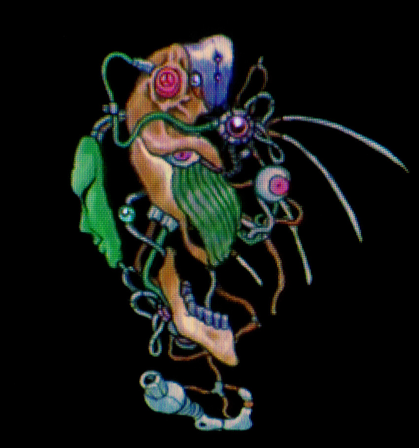 black_background cable colored_skin eyeball green_skin highres jaw lips machinery monster original pink_eyes plastiboo teeth