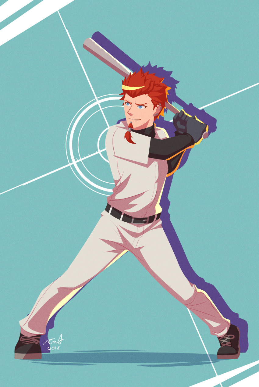 1boy 2018 absurdres baseball_bat baseball_cap baseball_uniform belt black_belt black_shirt black_shoes blue_eyes crestren danganronpa:_trigger_happy_havoc danganronpa_(series) earrings facial_hair gloves goatee hat highres holding holding_baseball_bat jewelry kuwata_leon male_focus pants red_hair shirt shoes short_hair short_sleeves signature sportswear spread_legs white_pants
