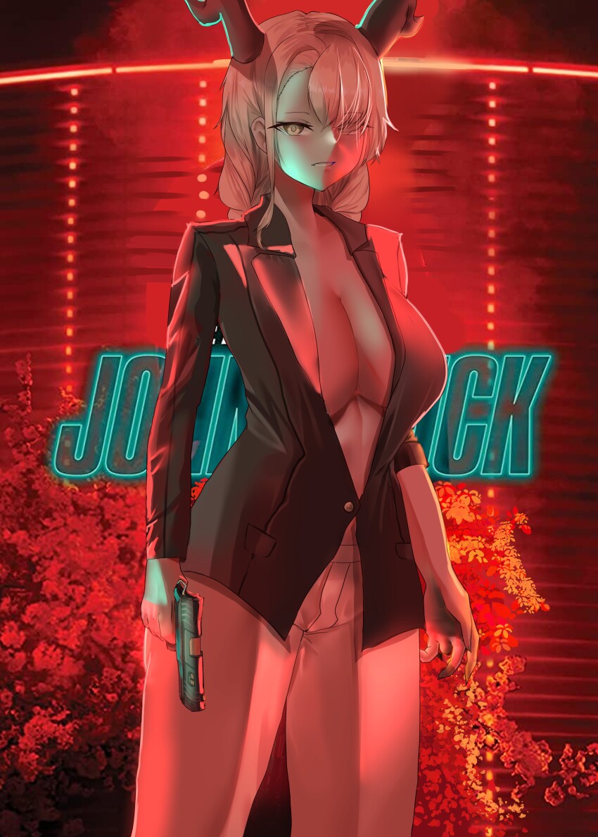 absurdres azur_lane breasts brown_eyes brown_hair cleavage copyright_name formal_clothes gun hair_over_one_eye highres holding holding_gun holding_weapon horns jacket john_wick large_breasts long_sleeves lukie_arts missing_finger naked_jacket neon_lights owari_(azur_lane) suit weapon