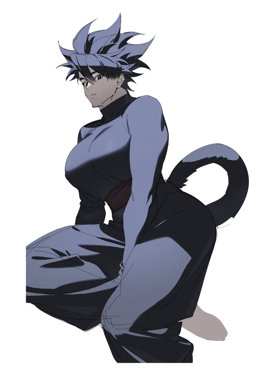 1girl absurdres black_eyes black_hair black_pants black_shirt breasts dragon_ball dragon_ball_xenoverse genderswap genderswap_(mtf) highres hyong311 korean_commentary large_breasts looking_at_viewer looking_to_the_side mirai_senshi monkey_girl monkey_tail original pants parted_lips red_sash reta_(hyong311) saiyan sash shirt short_hair solo spiked_hair tail toned toned_female turtleneck turtleneck_shirt white_background