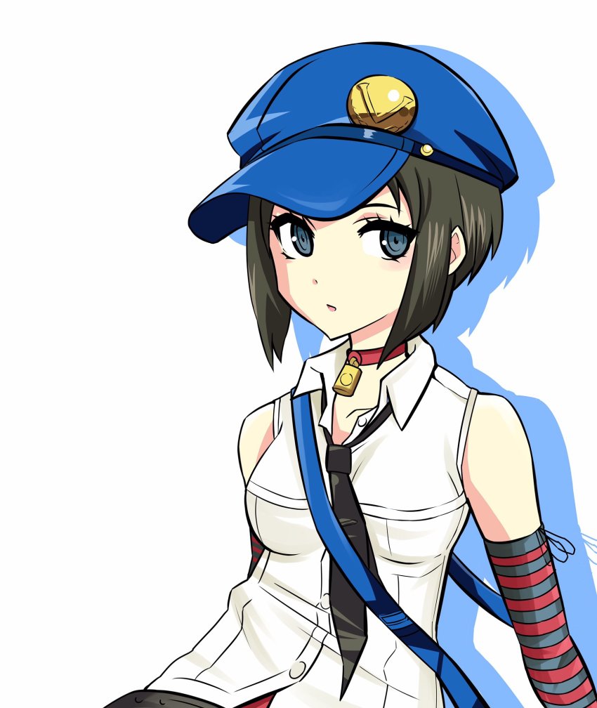 1girl arm_warmers breasts brown_hair cabbie_hat choker commentary_request female_focus grey_eyes hat highres inoue_kousei lock loose_necktie marie_(persona_4) medium_breasts necktie open_mouth persona persona_4 persona_4:_the_ultimate_in_mayonaka_arena shadow shirt shoulder_strap sleeveless sleeveless_shirt solo upper_body white_background