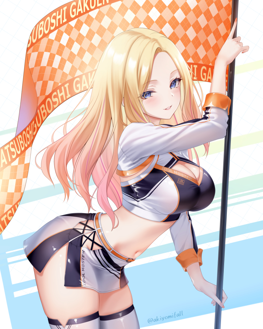 1girl akiei blonde_hair blue_eyes blush breasts checkered_flag cleavage cleavage_cutout clothing_cutout commentary_request crop_top flag gakuen_idolmaster gradient_hair highres holding holding_flag idolmaster juo_sena large_breasts leaning_forward long_hair long_sleeves looking_at_viewer midriff miniskirt multicolored_hair navel race_queen shrug_(clothing) skirt smile solo thighhighs white_shrug white_skirt white_thighhighs