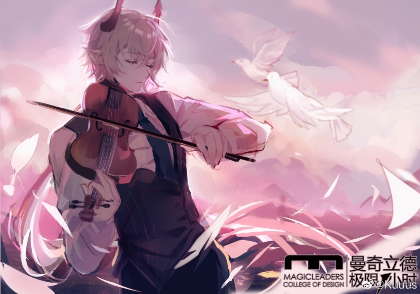 1boy absurdres bird black_horns black_pants black_vest blue_necktie bow_(music) chinese_commentary closed_eyes closed_mouth cloud collared_shirt commentary_request commission cowboy_shot crossed_bangs demon_horns dove eyelashes floating_hair grey_hair highres holding holding_bow_(music) holding_instrument holding_violin horns instrument kuuus light_frown long_hair long_sleeves low_ponytail male_focus mountainous_horizon music necktie ocean original pants paper pink_sky pinstripe_pattern pinstripe_vest playing_instrument pointy_ears ponytail sample_watermark shirt sky sleeve_cuffs solo sunset very_long_hair vest violin watermark weibo_watermark white_shirt