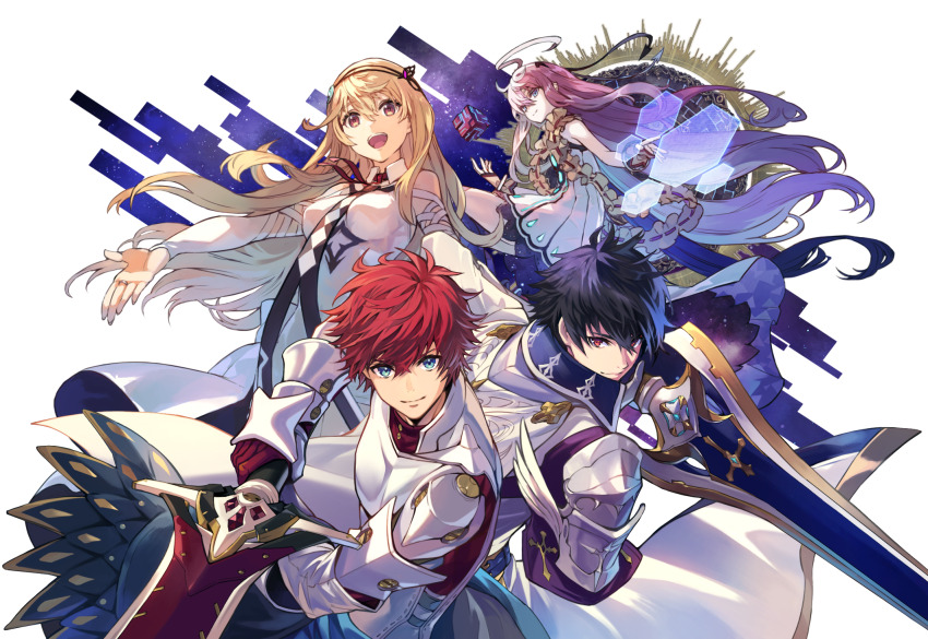 2boys 2girls :d agatha_(ta_ga_tame_no_alchemist) armor black_hair blonde_hair blue_eyes closed_mouth dias_(ta_ga_tame_no_alchemist) dress floating floating_hair floating_object gloves hair_between_eyes halo_ahoge highres holding holding_sword holding_weapon logi_crowley long_hair long_sleeves looking_at_viewer multicolored_hair multiple_boys multiple_girls neck_ribbon non-web_source official_alternate_costume official_art open_mouth ornate_weapon ouroboros_(ta_ga_tame_no_alchemist) outstretched_arm purple_hair red_eyes red_gloves red_hair red_ribbon ribbon rinzo short_hair shoulder_armor simple_background sleeveless sleeveless_dress smile sword ta_ga_tame_no_alchemist teeth transparent_background two-handed two-tone_hair upper_teeth_only very_long_hair weapon white_dress
