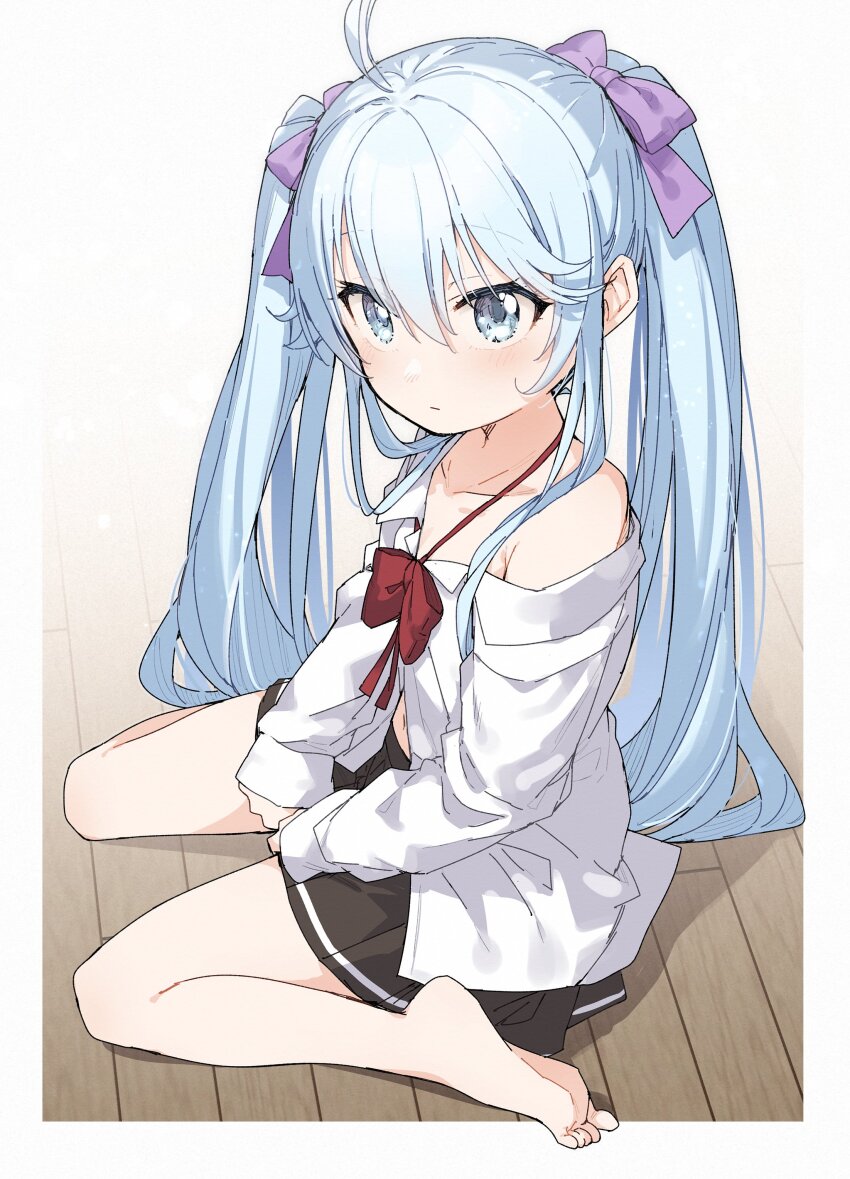 1girl absurdres ahoge barefoot black_skirt blue_eyes blue_hair bow closed_mouth collarbone collared_shirt commentary denpa_onna_to_seishun_otoko dress_shirt feet full_body grey_background hair_bow highres long_hair long_sleeves looking_at_viewer off_shoulder pleated_skirt purple_bow red_bow shirt simple_background sitting skirt sleeves_past_wrists soles solo toes touwa_erio twintails very_long_hair wariza white_shirt wooden_floor yukie_(kusaka_shi)
