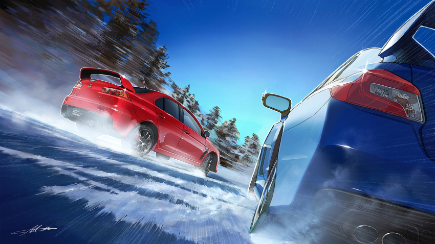 2015 blue_car car day drifting highres m.m mitsubishi mitsubishi_lancer_evolution motor_vehicle pixiv pixiv_id racing red_car road snow