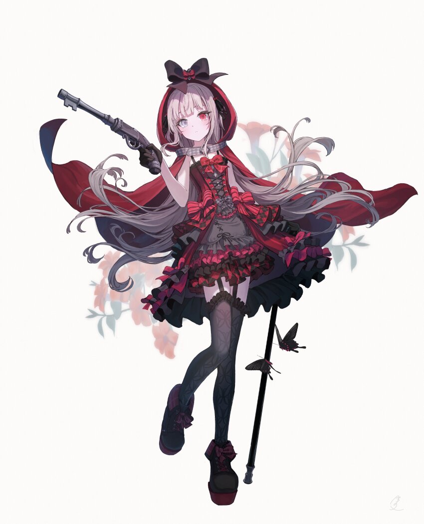 1girl absurdres black_thighhighs bow bug butterfly cane cape dress flower full_body garter_straps green_eyes grey_hair gun heterochromia high_heels highres holding holding_cane holding_gun holding_weapon hood hood_up hooded_cape insect layered_dress long_hair mikisai original parted_lips red_eyes simple_background solo standing standing_on_one_leg tachi-e thighhighs weapon white_background