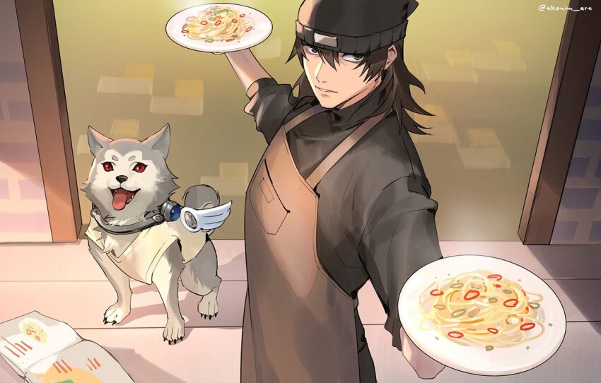 1boy apron aragaki_shinjirou beanie black_headwear book brown_apron brown_eyes brown_hair commentary dog english_commentary food grey_fur hat holding holding_plate indoors koromaru_(persona) male_focus open_book parted_lips pasta persona persona_3 plate red_eyes spaghetti standing steam tk_(tksnim) tongue tongue_out