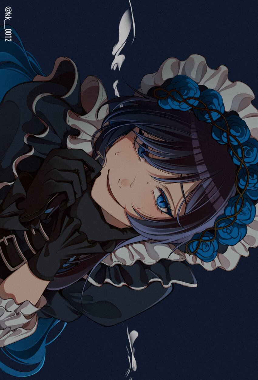 1girl ado_(utaite) black_dress black_gloves blue_background blue_eyes blue_flower blue_rose chando_(ado) commentary_request dress flower gloves hair_flower hair_ornament highres holding holding_syringe keeko_(kk_0012) looking_at_viewer maid_headdress nervous_sweating open_mouth rose sideways solo sweat syringe twitter_username utaite