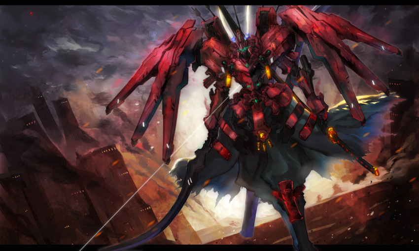 armor arrow_(projectile) backlighting baggy_pants black_clouds bow building commentary_request glowing glowing_eye gond helmet holding holding_sword holding_weapon horns huge_weapon japanese_armor kabuto_(helmet) katana mecha multiple_wielding no_humans outdoors pants pixiv_fantasia pixiv_fantasia_last_saga robot smoke solo standing sword visor_(armor) weapon