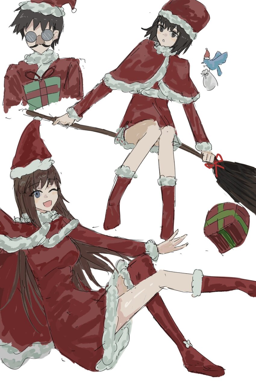 1boy 2girls aozaki_aoko black_hair blue_eyes box broom broom_riding brown_hair cape christmas dongxunyu dress gift gift_box glasses groucho_glasses hat highres kuonji_alice looking_at_viewer lost_robin_rondo mahou_tsukai_no_yoru multiple_girls open_mouth red_cape red_dress santa_hat shizuki_soujuurou simple_background smile