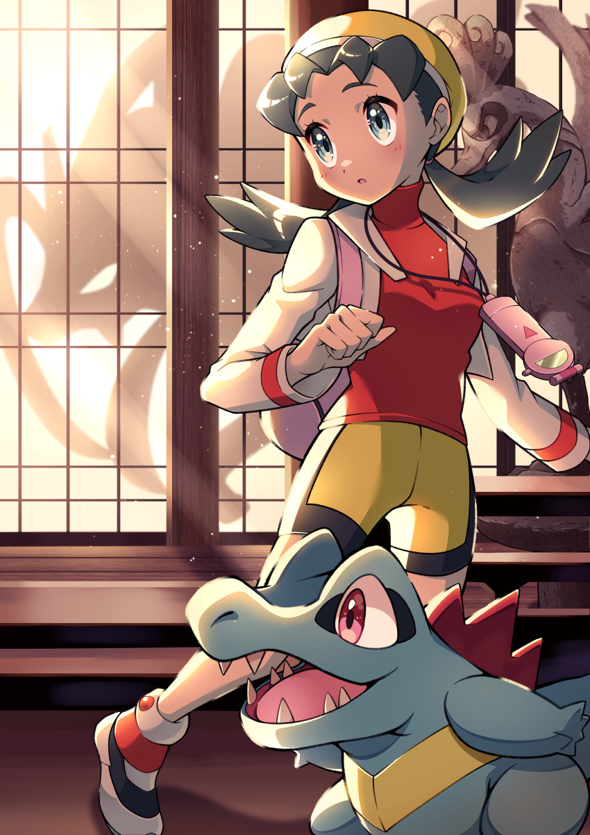 1girl absurdres bike_shorts blue_eyes blush cropped_jacket eyelashes gen_2_pokemon hat highres ho-oh jacket kris_(pokemon) legendary_pokemon long_hair long_sleeves nintendo parted_lips pokegear pokemon pokemon_(creature) pokemon_gsc pon_yui red_shirt shirt shoes standing statue totodile turtleneck twintails white_footwear white_jacket yellow_headwear