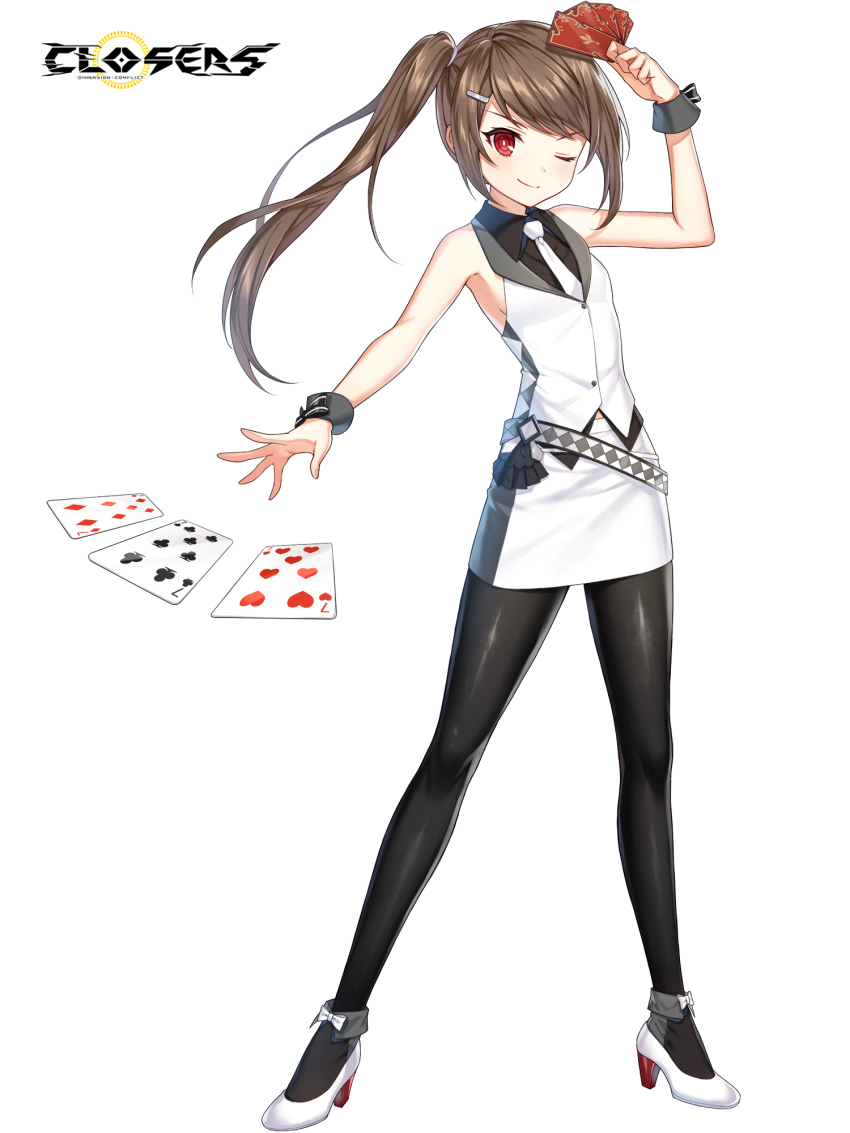 1girl ;) alternate_hair_color ankle_boots arm_up bare_arms bare_shoulders belt black_boots black_bow black_pantyhose black_shirt boots bow breasts bright_pupils brown_hair card closers collared_shirt copyright_name croupier dress_shirt floating_card fold-over_boots footwear_bow full_body grey_wrist_cuffs hair_ornament hairclip hand_up high_heels highres holding holding_card legs_apart logo long_hair looking_at_viewer miniskirt multicolored_boots necktie official_art one_eye_closed outstretched_arm pantyhose pencil_skirt playing_card ponytail red_eyes seth_(closers) seven_of_clubs seven_of_diamonds seven_of_hearts shirt sidelocks skirt sleeveless sleeveless_shirt small_breasts smile solo standing swept_bangs tachi-e throwing two-tone_boots vest waistcoat white_background white_belt white_boots white_bow white_necktie white_pupils white_skirt white_vest wrist_bow wrist_cuffs