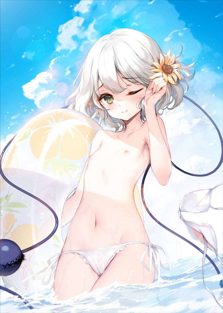 1girl bikini blue_sky blush bow bra breasts cloud collarbone cowboy_shot dress eyeball female_focus flower green_eyes green_hair hand_in_own_hair heart heart_of_string highres innertube ke-ta komeiji_koishi looking_at_viewer navel nipples one_eye_closed panties ribbon short_hair side-tie_bikini_bottom sky small_breasts smile solo swim_ring swimsuit third_eye topless_female touhou underwear unworn_bra wading water wet wet_clothes wet_panties white_bra white_panties yellow_flower