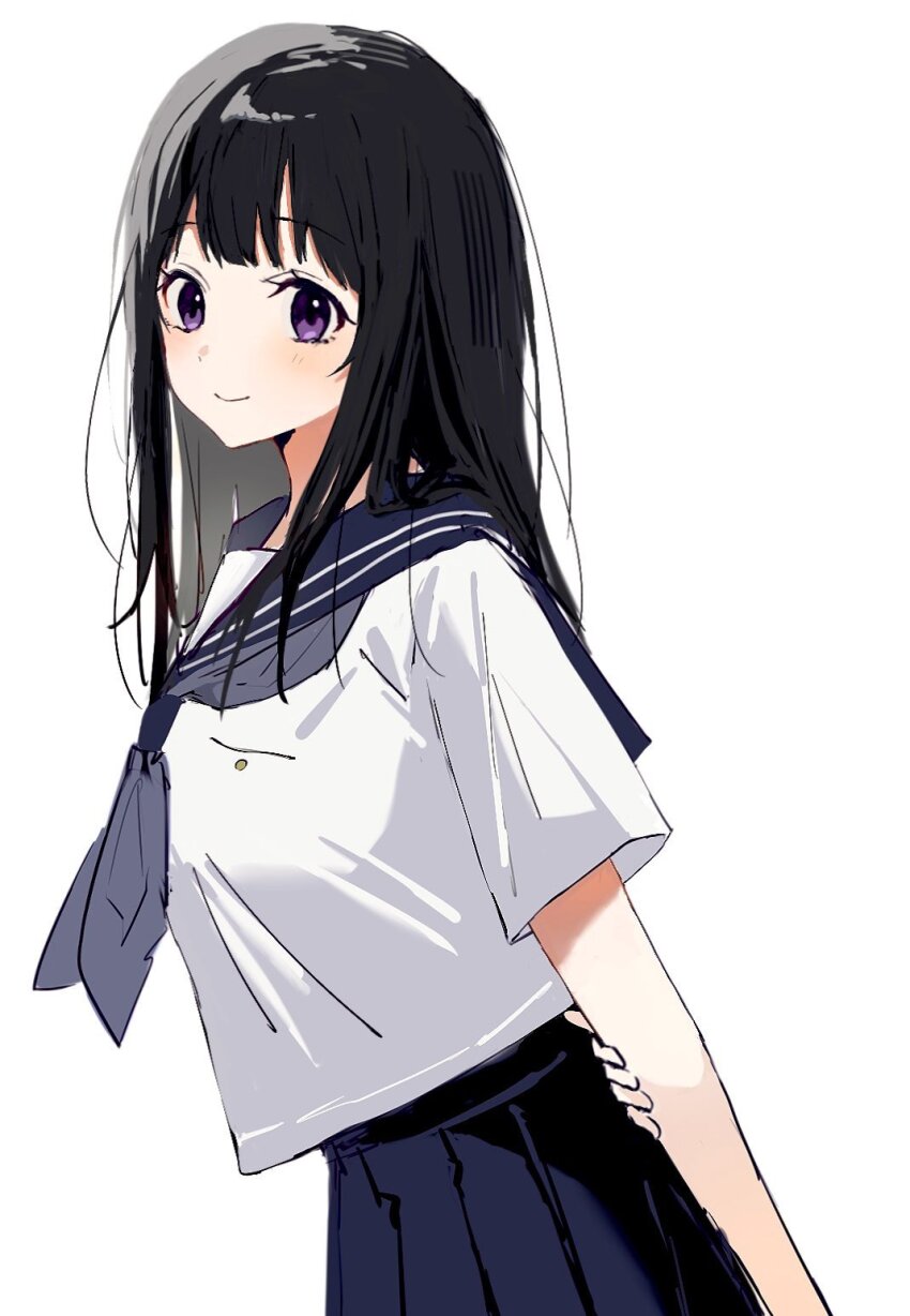 1girl arms_behind_back black_hair blue_neckerchief blue_sailor_collar blue_skirt chitanda_eru highres hyouka long_hair neckerchief pleated_skirt purple_eyes sailor_collar school_uniform serafuku shirt simple_background sketch skirt white_background white_shirt yuuhi_mari