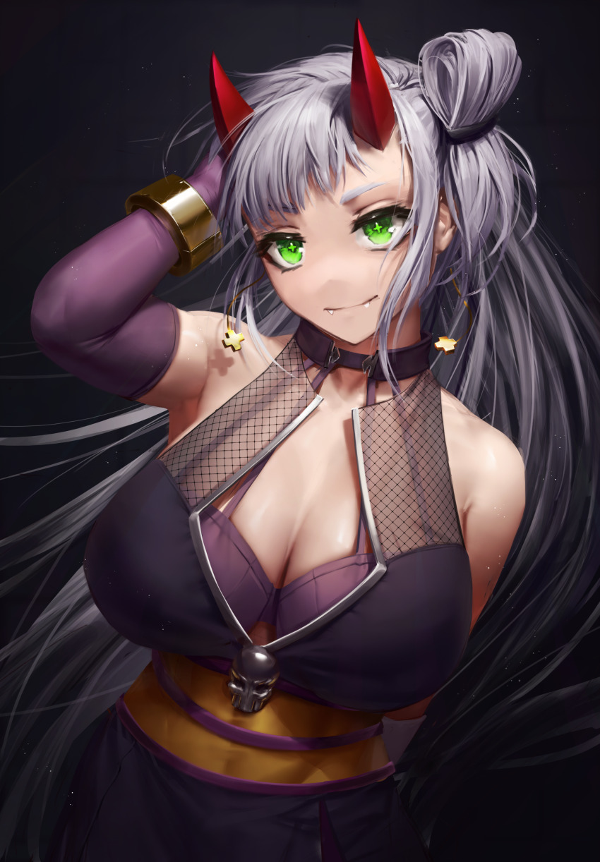 1girl absurdres arm_behind_back armpit_crease armpits bare_shoulders black_background bra breasts cleavage cleavage_cutout closed_mouth clothing_cutout collarbone commentary commission cross cross-shaped_pupils cross_earrings dress earrings elbow_gloves english_commentary eyelashes eyeshadow fangs fangs_out gloves green_eyes grey_hair hair_ornament hand_in_own_hair highres horns huge_breasts jewelry light_particles long_hair looking_at_viewer makeup numanoan original purple_bra purple_dress purple_gloves red_horns skull_ornament smile solo symbol-shaped_pupils underwear upper_body very_long_hair