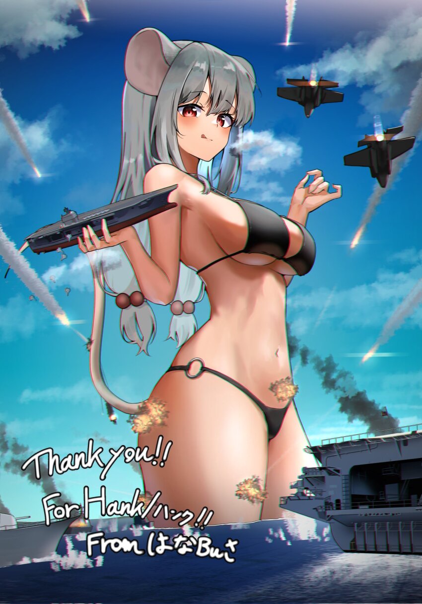 aircraft aircraft_carrier animal_ears bikini black_bikini breasts character_request destroyer explosion f-35_lightning_ii hanabusaraleigh highres holding medium_breasts military_vehicle mouse_ears mouse_girl mouse_tail original red_eyes ship signature swimsuit tail thighs tongue tongue_out uss_nimitz warship watercraft white_hair