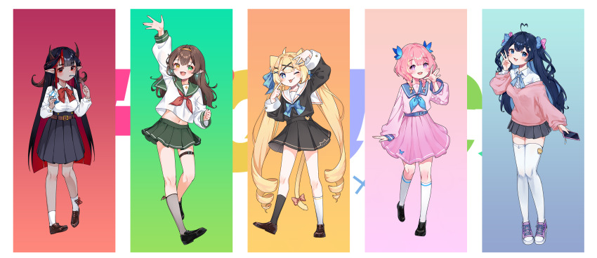 black_hair blonde_hair blue_eyes bow bowtie braid brown_hair butterfly_hair_ornament demon_horns drill_hair earrings hair_ornament hair_over_shoulder harukami_mei highres hime_cut hojo_studio holding holding_phone horns jewelry long_hair lunaby miniskirt monochrome morie_(hojo_studio) multicolored_hair official_art one_eye_closed open_mouth phone pink_hair pointy_ears purple_eyes red_eyes sailor_collar school_uniform shoes sim_chan skirt smile suki_(hojo_studio) tan thighhighs twin_braids twintails v vietnamese_commentary virtual_youtuber white_thighhighs