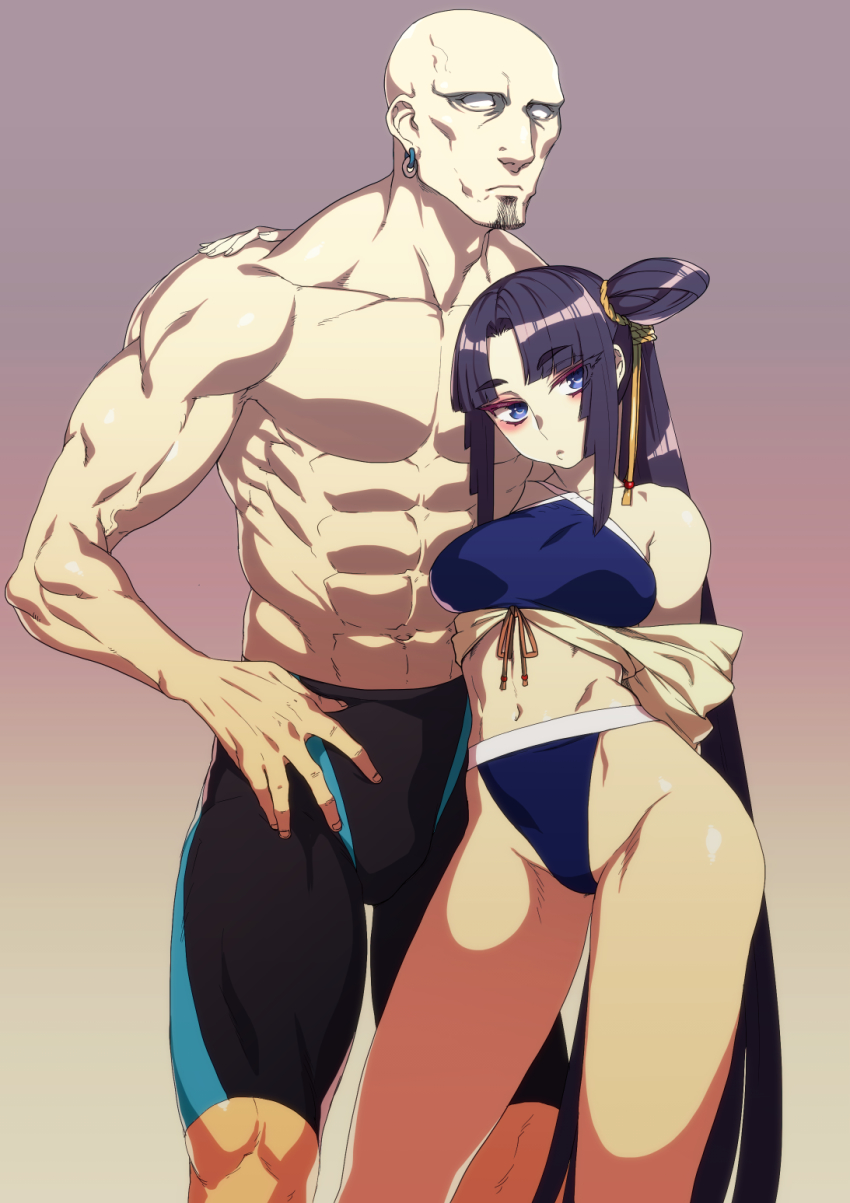 1boy 1girl abs arm_around_shoulder bad_id bad_pixiv_id bald bikini black_jammers black_male_swimwear blue_bikini blue_eyes breasts contrapposto couple earrings facial_hair fate/grand_order fate_(series) forehead goatee hair_bun height_difference hetero highres hug jammers jewelry long_hair male_swimwear manly medium_breasts musashibou_benkei_(fate) muscular navel no_pupils off_shoulder one_side_up pectorals purple_hair rokkotsu side_bun side_ponytail single_side_bun swimsuit ushiwakamaru_(fate) ushiwakamaru_(swimsuit_assassin)_(fate) ushiwakamaru_(swimsuit_assassin)_(first_ascension)_(fate) veins very_long_hair