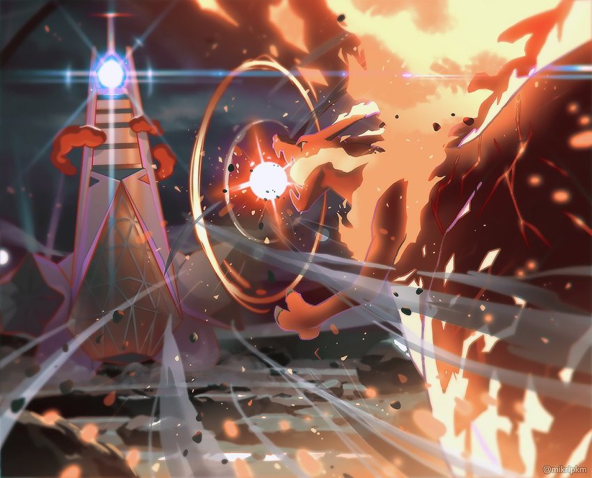 artist_name bent_over blurry charizard claws commentary_request duraludon fang fire from_below gen_1_pokemon gen_8_pokemon gigantamax gigantamax_charizard gigantamax_duraludon korean_commentary light looking_at_another mikripkm nintendo no_humans pokemon pokemon_(creature) rock skin_fang stadium watermark