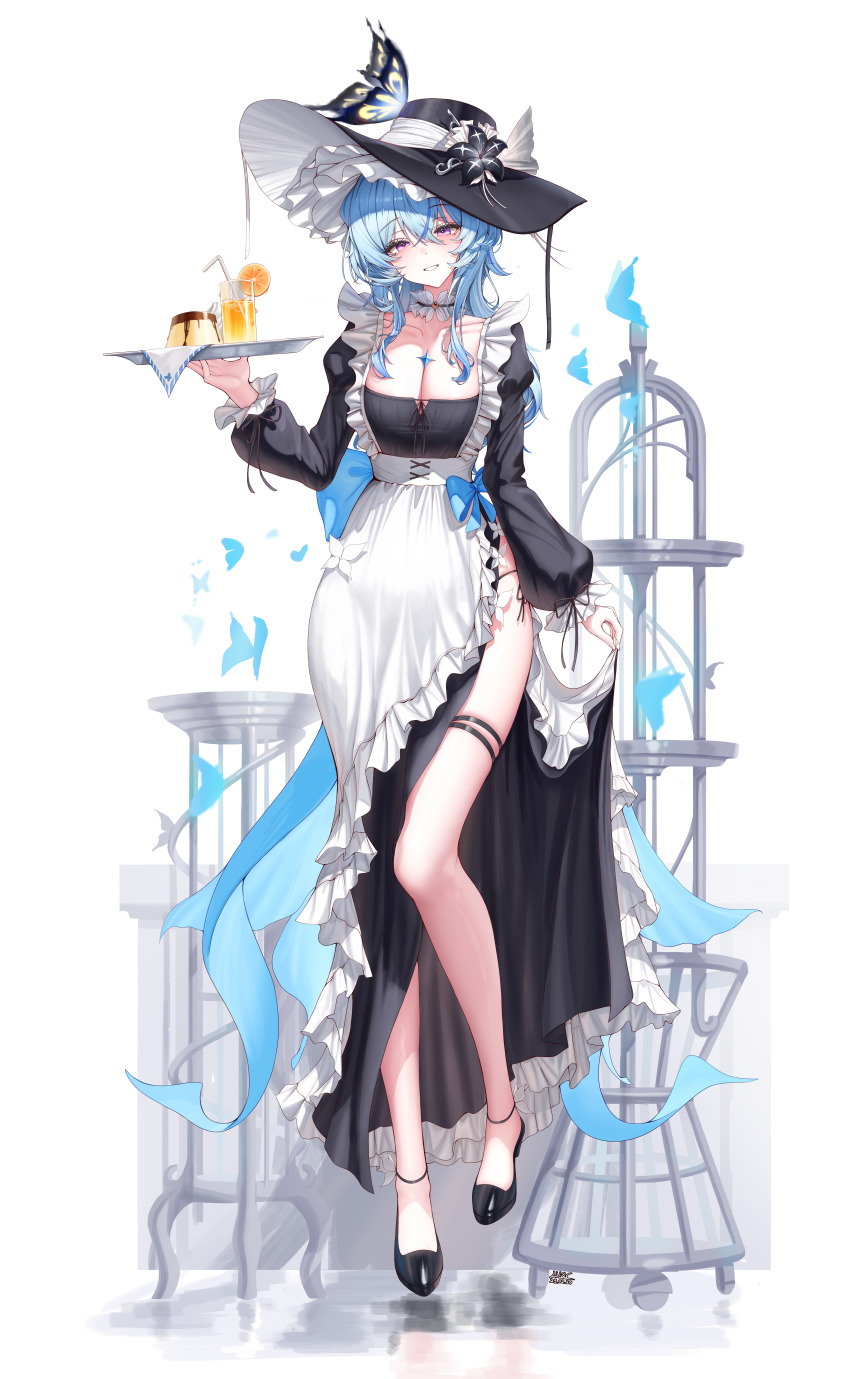 1girl absurdres alternate_costume apron bare_legs black_dress black_flower black_hat black_shoes blake_bloom_(wuthering_waves) blue_hair blush breasts collar collarbone colored_eyelashes cup dress drinking_glass drinking_straw enmaided flower food frilled_collar frills full_body hair_between_eyes hat hat_flower high_heels highres holding holding_plate incredibly_absurdres juice legs lilac_(k32420276) long_dress long_hair looking_at_viewer maid medium_breasts multicolored_hair orange_juice parted_lips plate pudding purple_eyes shoes shorekeeper_(wuthering_waves) side_slit simple_background sketch skindentation smile solo streaked_hair thigh_strap thighhighs waist_apron white_background white_collar wuthering_waves
