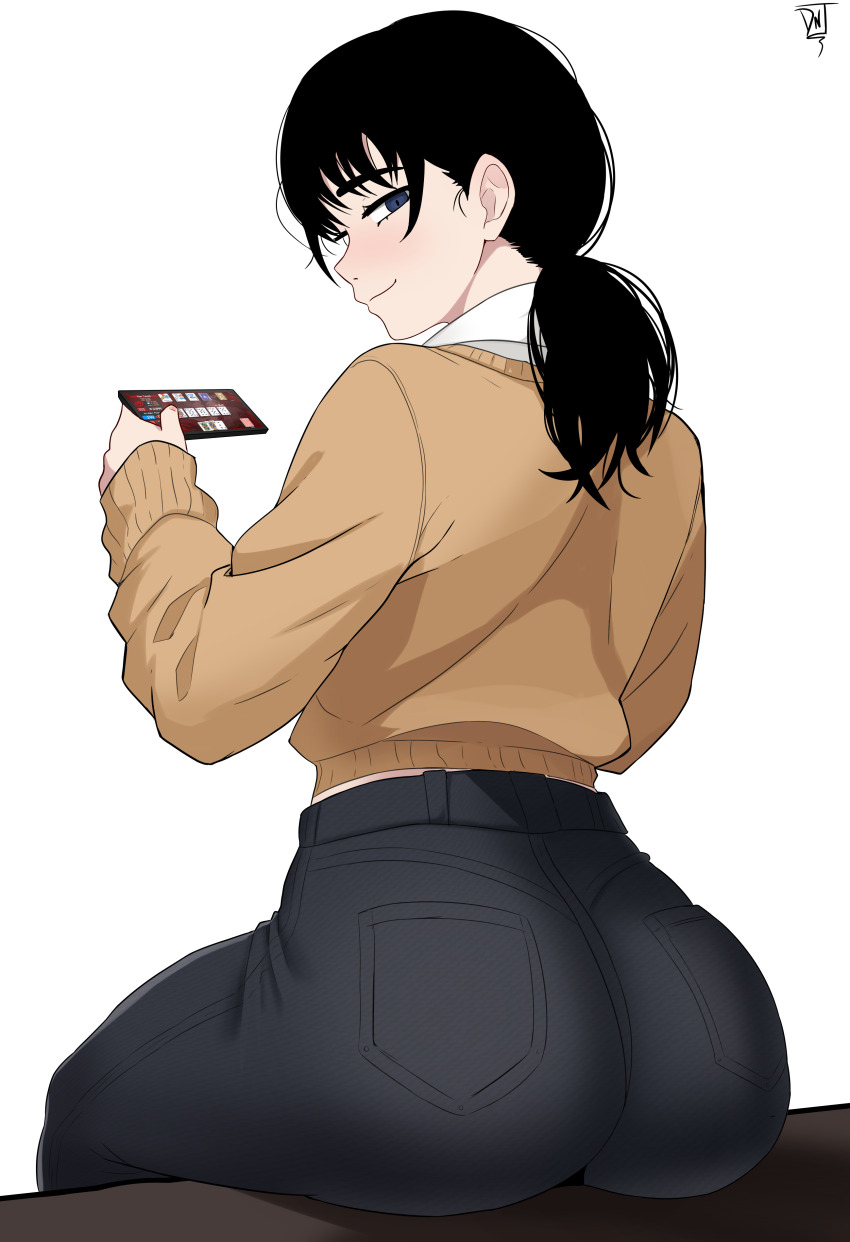 1girl absurdres ass ass_focus balatro black_eyes black_hair black_pants brown_sweater chainsaw_man closed_mouth commentary english_commentary highres holding holding_phone light_smile looking_at_viewer lorddantesito medium_hair mitaka_asa pants phone ponytail simple_background sitting solo sweater white_background