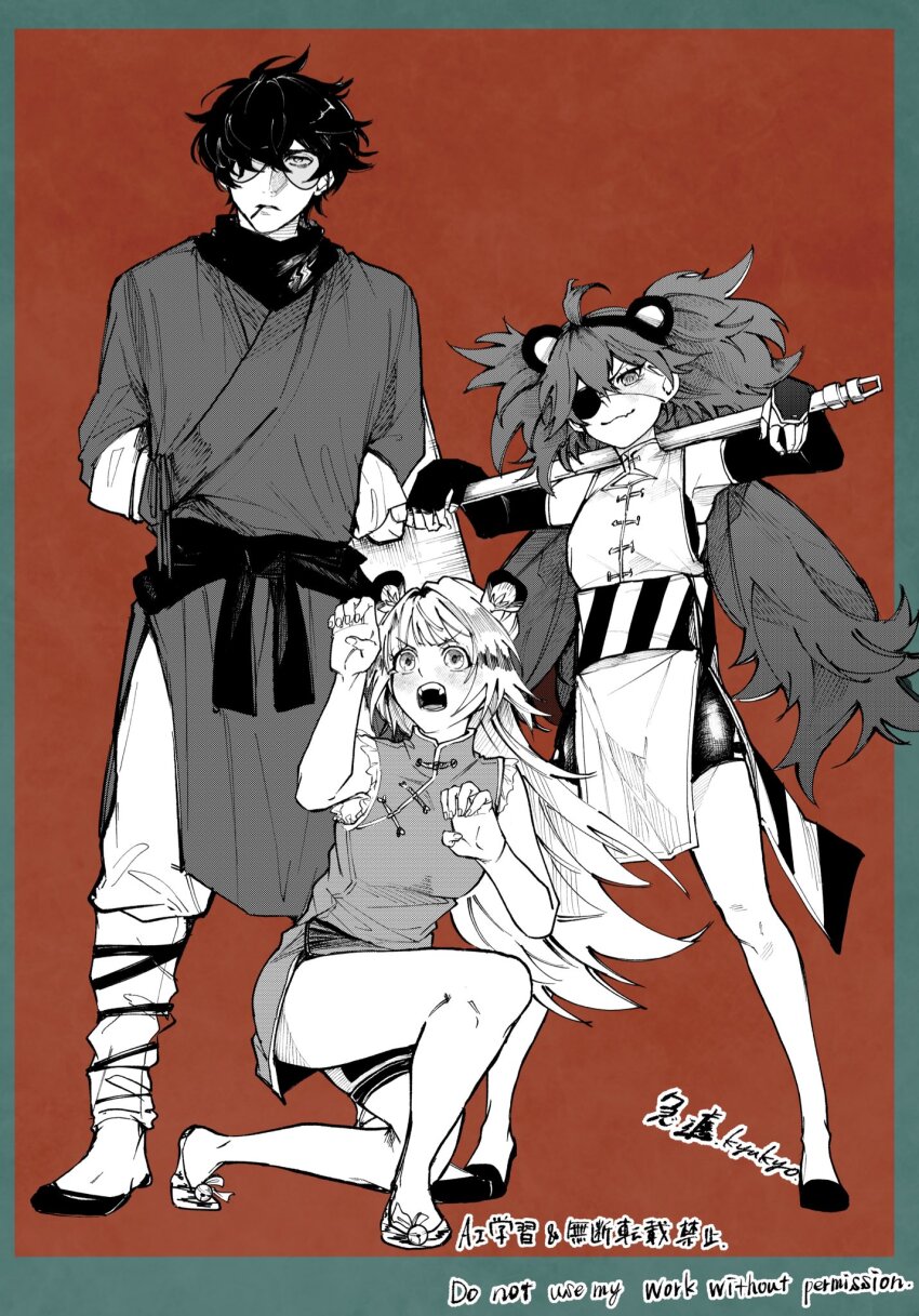 1boy 2girls animal_ears aruaruhizen117 bear_ear_hairband black_hair china_dress chinese_clothes claw_pose claws dress eyepatch full_body glasses greyscale hair_over_one_eye hammer highres holding holding_hammer ju_fufu koleda_belobog lighter_(zenless_zone_zero) long_hair monochrome multiple_girls on_one_knee one_eye_covered open_mouth red_background sash short_hair smile standing striped_hair tiger_ears tiger_girl tiger_stripes twintails waist_sash zenless_zone_zero